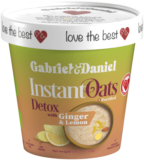 Container of Detox instant oats, detox flavor with ginger and lemon, featuring a green and yellow design with heart symbols.