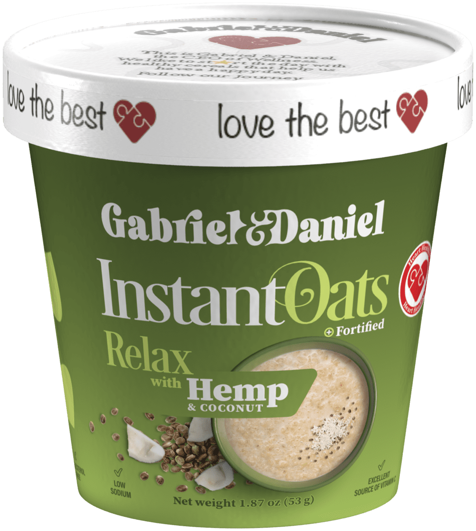 Container of Relaxing instant oats with hemp and coconut flavor, featuring a white lid with red text and a green body showcasing the product details.