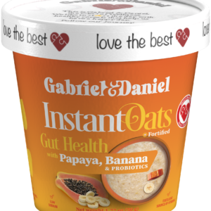 Sentence with Product Name: Container of Gut Health instant oats, gut health flavor with papaya, banana & probiotics, displayed on a white background.