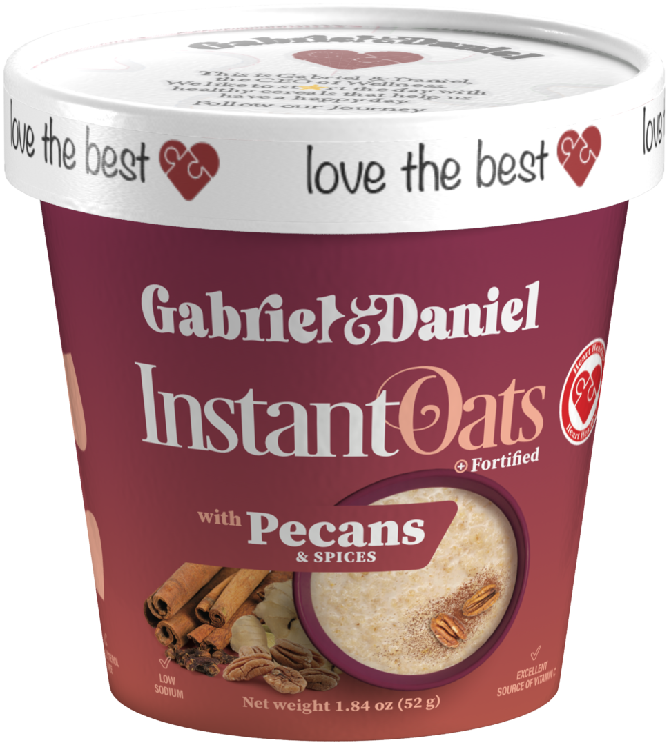 A container of Omega instant oats with pecans and spices, displayed in a red and white cup with a heart-patterned lid.