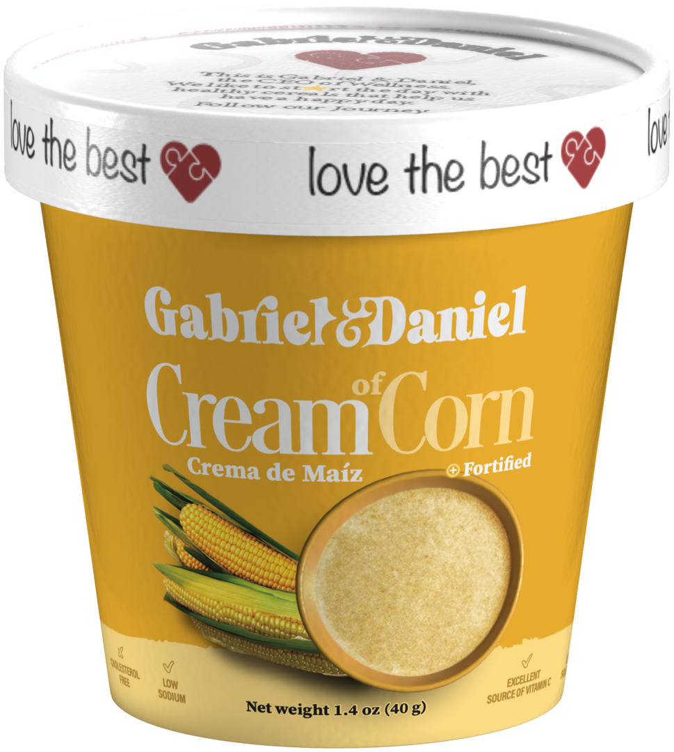 A tub of Cream of Corn, fortified, low sodium, 1.4 oz (40 g), displayed with an image of corn on the cob and creamy corn soup.