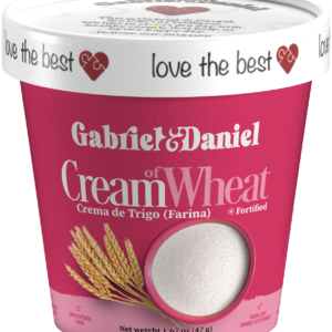 A container of Cream of Wheat, labeled in english and spanish, indicating a net weight of 1.67 oz (47 g), with a wheat illustration and a scoop of the product visible.