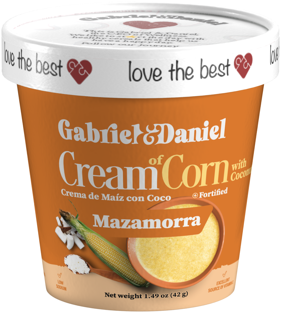 Container of Corn with Coconut cream, labeled as fortified and suitable for vegans, featuring an image of corn and a coconut on the label.