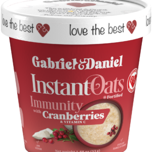 Container of Immunity instant oats fortified with immunity enhancers, cranberries, and vitamin c, displayed on a white background.