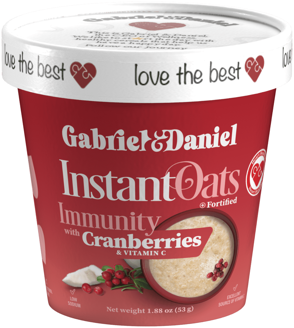 Container of Immunity instant oats fortified with immunity enhancers, cranberries, and vitamin c, displayed on a white background.