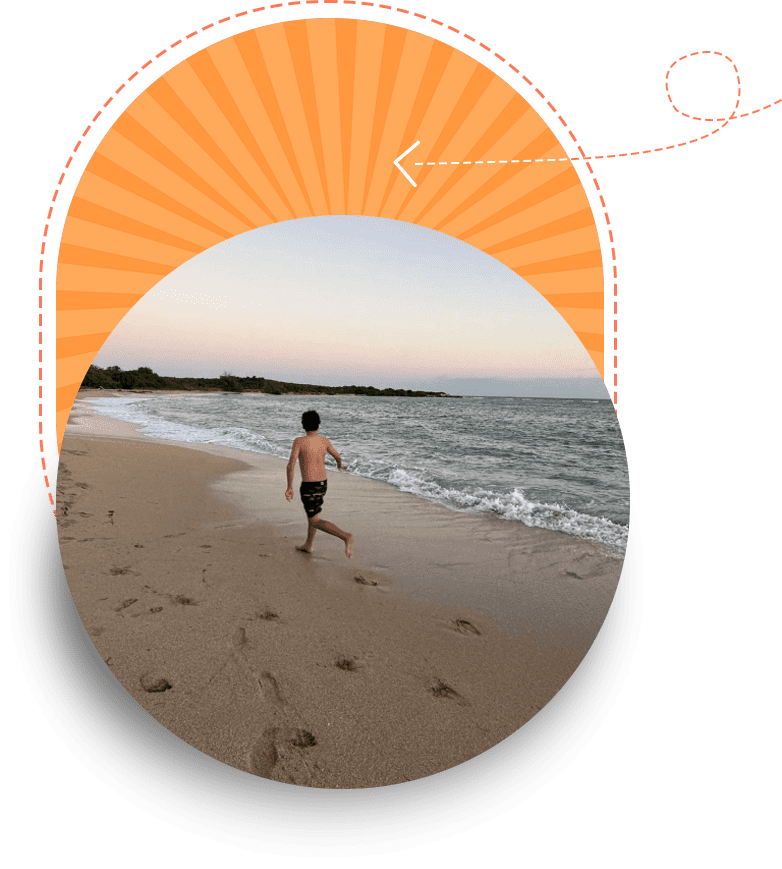 A man in swim shorts walking on a sandy beach, framed by a graphic orange circular design with a dotted line and arrow.