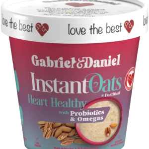 Container of Heart Healthy instant oats labeled "heart healthy" with probiotics and omegas, showing oats and an oatmeal bowl.