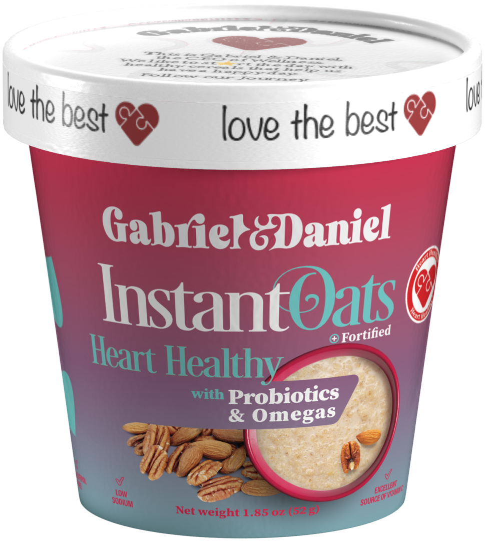 Container of Heart Healthy instant oats labeled "heart healthy" with probiotics and omegas, showing oats and an oatmeal bowl.