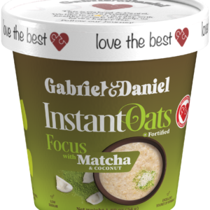 A container of Focus instant oats with matcha and coconut flavor, labeled as fortified and low in sodium.