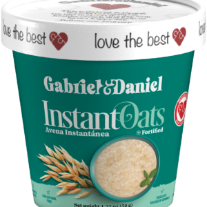 Container of gabriel & daniel instant oats, fortified, featuring logo and oat grains, with net weight labeled as 1.77 oz (50 g).