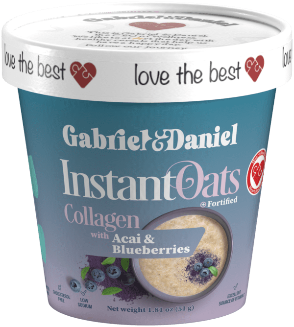 Container of Collagen instant oats with collagen and blueberries, showing product details and branding on the packaging.