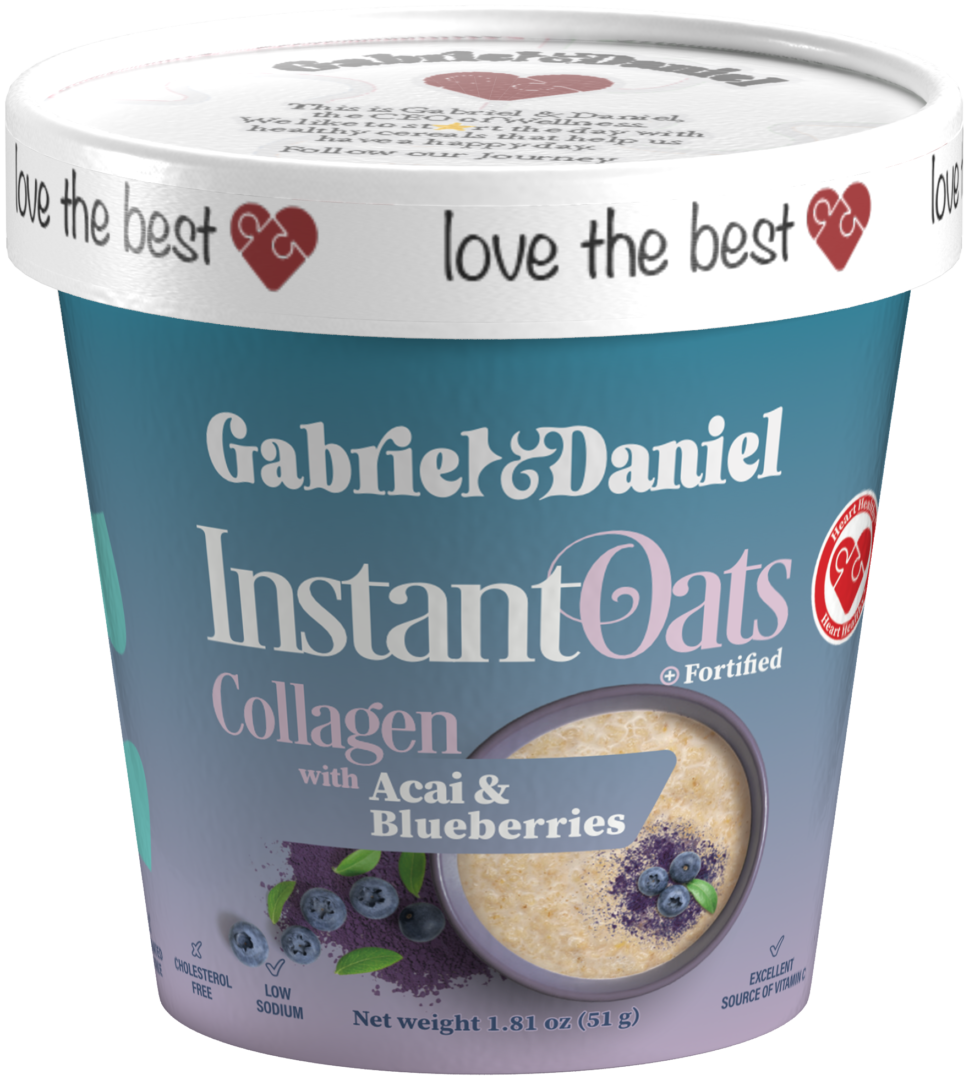 Container of Collagen instant oats with collagen and blueberries, showing product details and branding on the packaging.