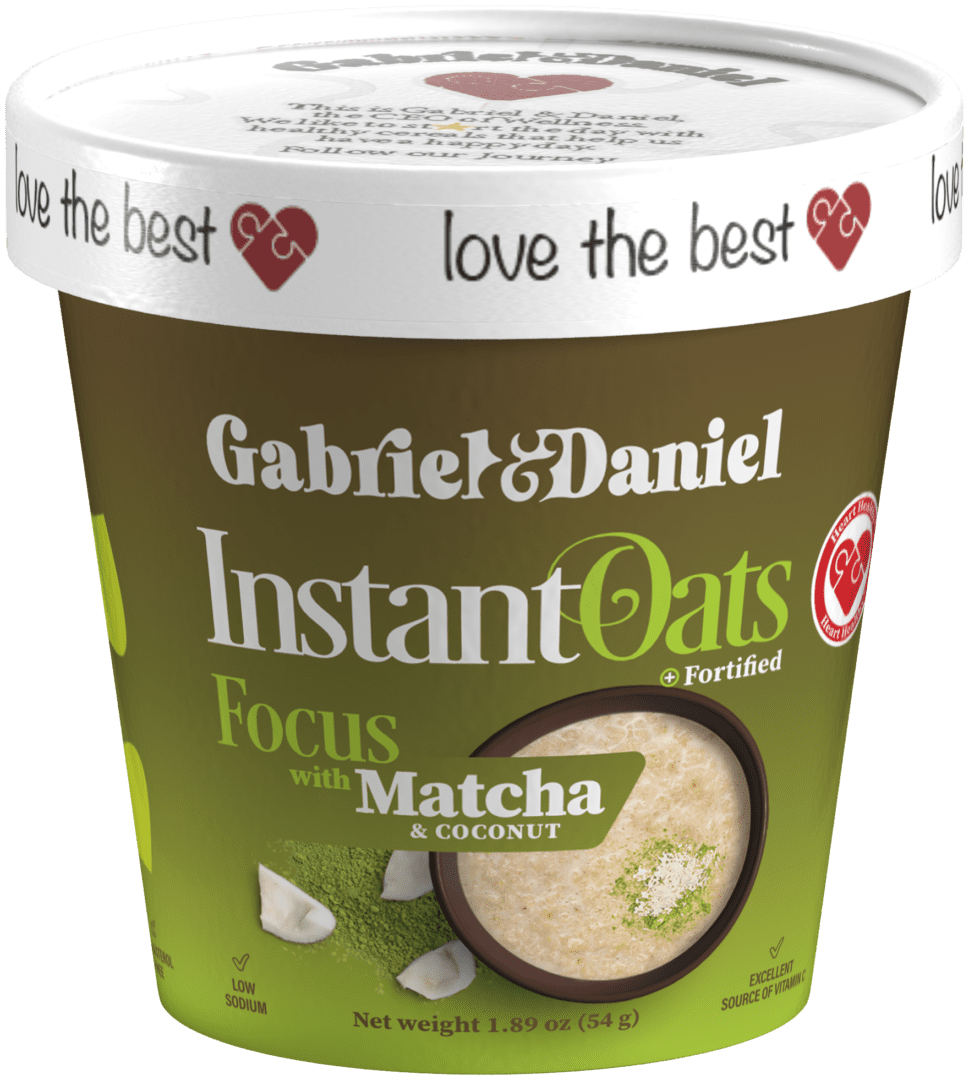 Container of gabriel & daniel instant oats with matcha & coconut, labeled as fortified and low in sodium.