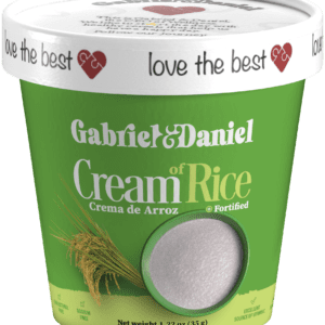 A green container of "gabriel & daniel cream of rice," labeled as fortified, with a clear window showing the rice product inside.