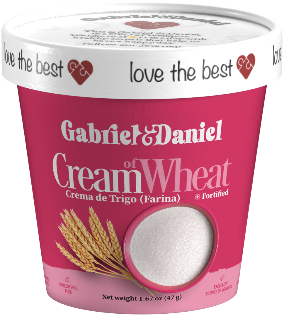 A pink container of gabriel & daniel cream of wheat (farina), featuring a wheat illustration and a window showing the product. text highlights it is fortified.