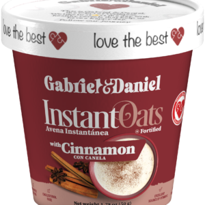 A container of gabriel & daniel instant oats with cinnamon, labeled as fortified and showing cinnamon sticks and oatmeal on the front.
