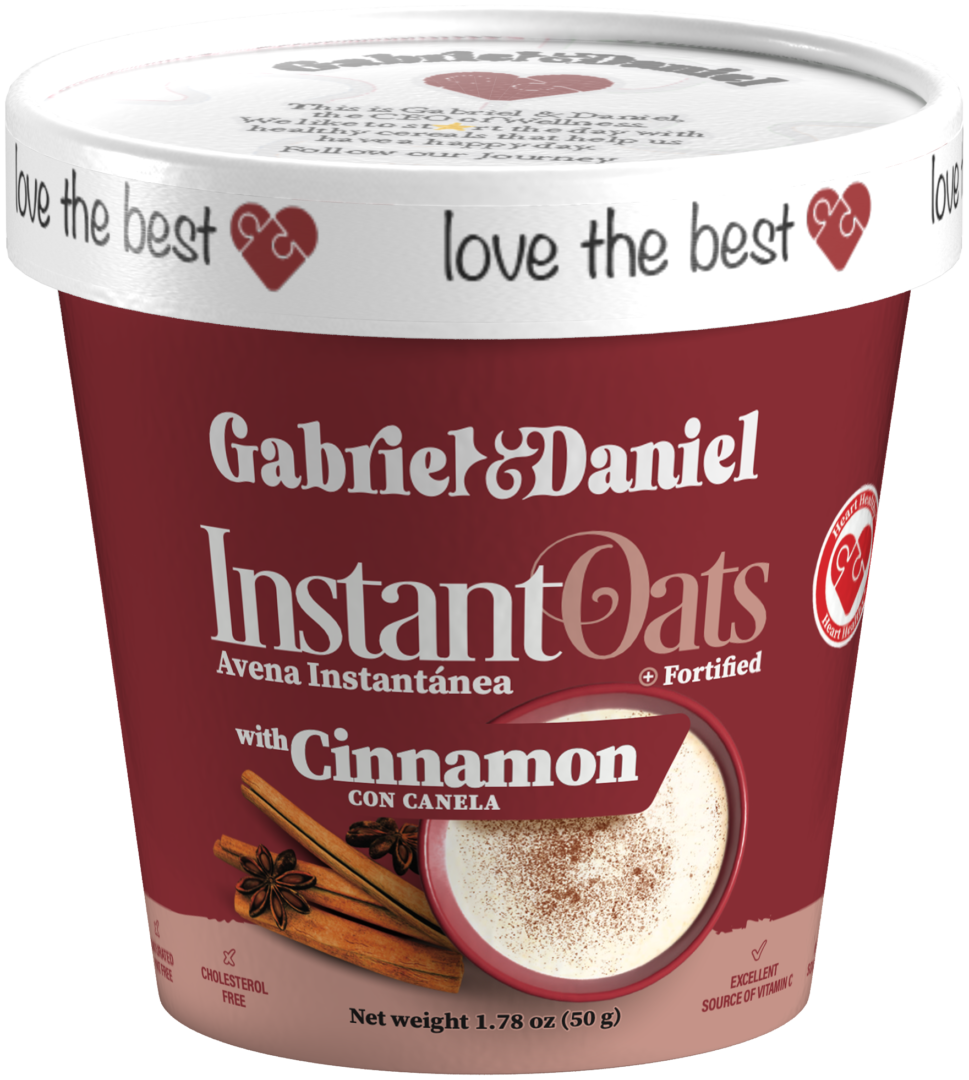 A container of gabriel & daniel instant oats with cinnamon, labeled as fortified and showing cinnamon sticks and oatmeal on the front.