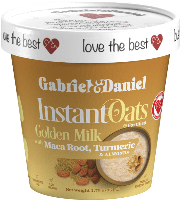 Container of gabriel & daniel instant oats, golden milk flavor with maca root, turmeric & almonds, displayed on a transparent background.