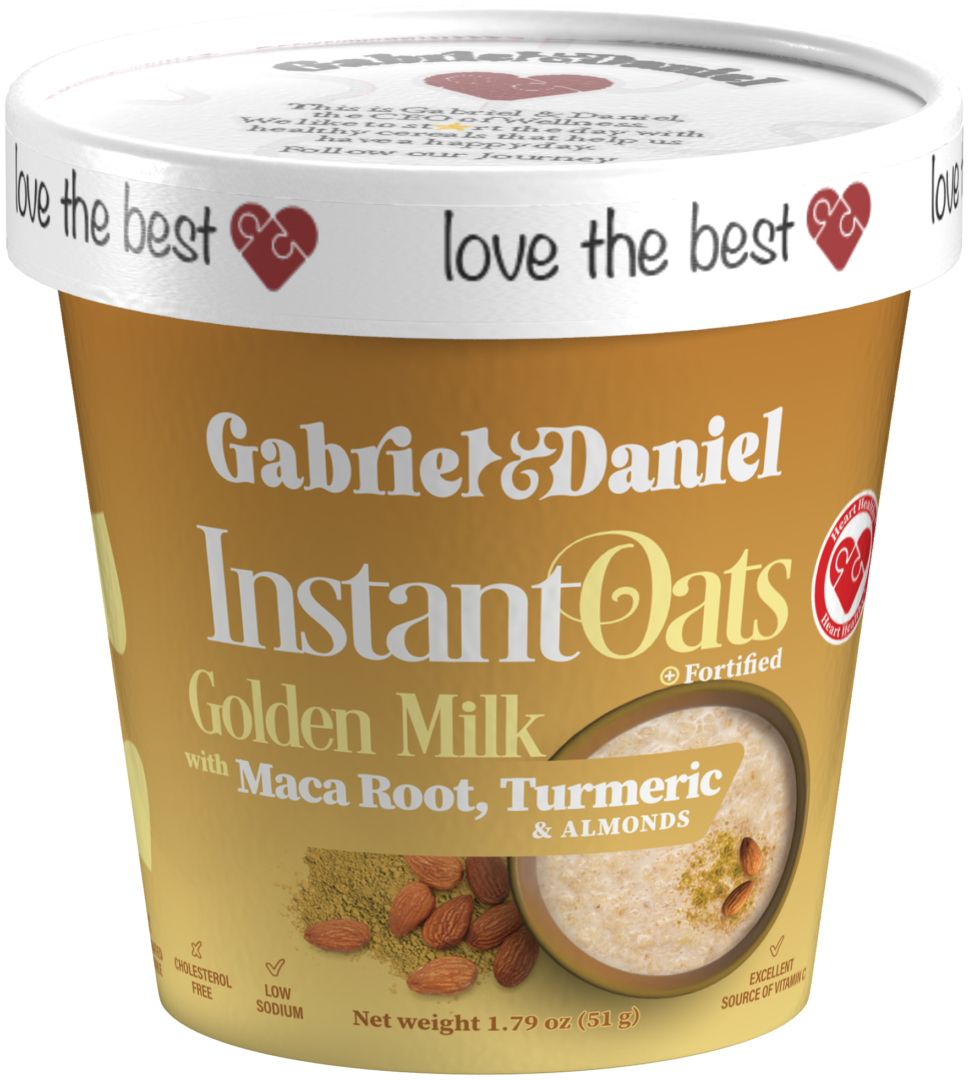 Container of gabriel & daniel instant oats, golden milk flavor with maca root, turmeric & almonds, displayed on a transparent background.